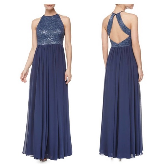 NWT Vera Wang Blue Fog Metallic Lace Full Length Halter Gown Size 6 - Picture 3 of 7
